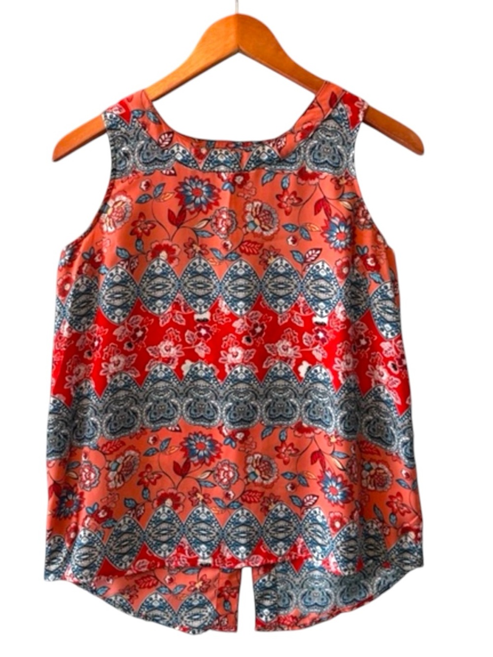 Cupio Sleeveless Floral Tunic Top Size S Coral Boho Split Hem